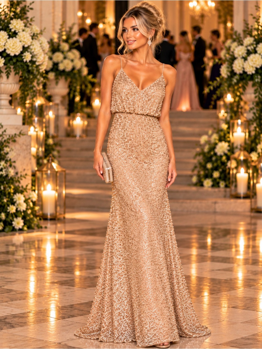 Adrianna Papell Size 6 Champagne Gold Sequin Formal Gown Black Tie Evening Dress